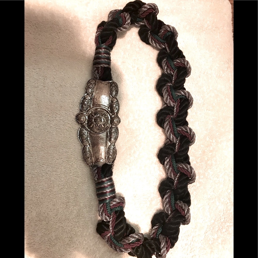 Boho cloth and metal belt. Black with green, purple and silver wrap!
